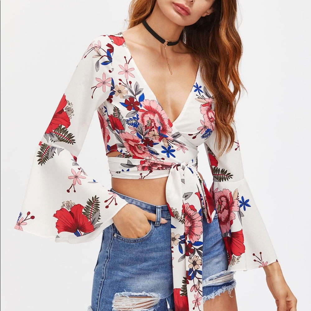 Floral wrap around tie up crop top
